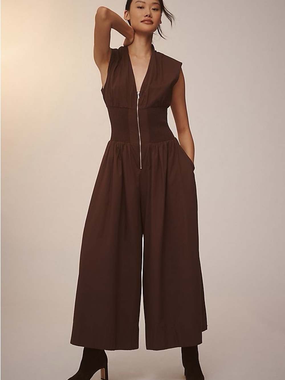 Anthropologie Tommie Cap Sleeve smocked front-zip Jumpsuit in Dark Brown